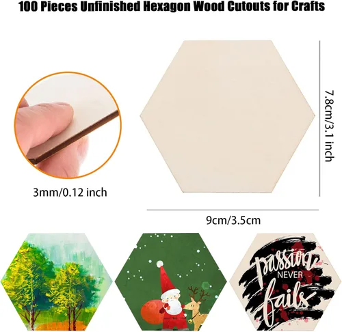 Vista 2 de 100 piezas de madera hexagonal sin terminar, recortes de madera en blanco con forma de hexágono, losas de madera natural, recortes