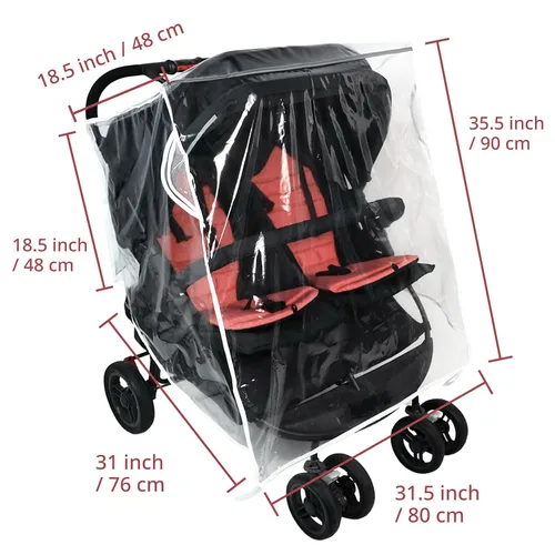 Vista 5 de Funda de lluvia doble para cochecito, protector de lluvia universal impermeable a prueba de viento para cochecitos de bebé gemelos lado a lado