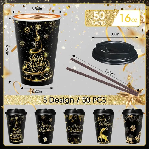 Vista 2 de Uiifan Paquete de 50 Tazas de Café Navideñas de 16 oz a Granel Negras Doradas con Copos de Nieve Tazas Desechables Tazas de Papel Feliz Navidad