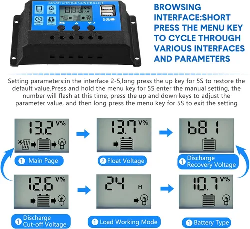 Vista 4 de Controlador de batería solar de 12 V/24 V, controlador de carga de panel solar de tierra, regulador de control de panel solar con pantalla LCD