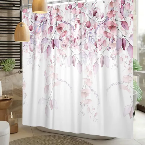 Vista 2 de Cortina de ducha con textura floral de acuarela rosa, cortina de ducha floral verde salvia para baño, bonita cortina de ducha moderna de tela