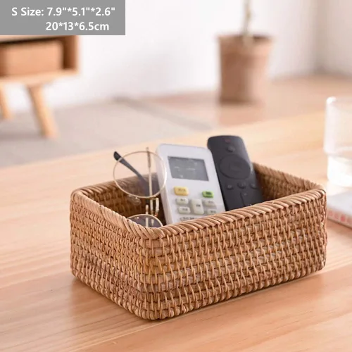 Vista 2 de Caja de frutas de mimbre rectangular hecha a mano, bandeja de ratán, organizador de revistas y objetos pequeños, cesta para servir (pequeña)
