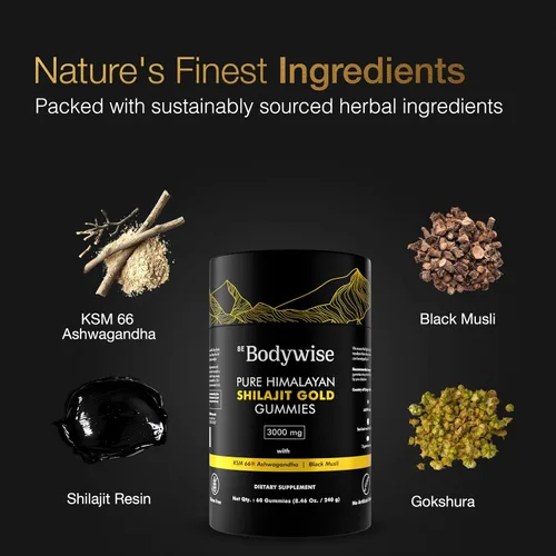 Vista 2 de Be Bodywise Gomitas Puras de Shilajit del Himalaya en Oro Sin Azúcar Añadido Ashwagandha, Gokshura Ácido Fúlvico y 85+ Minerales Traza