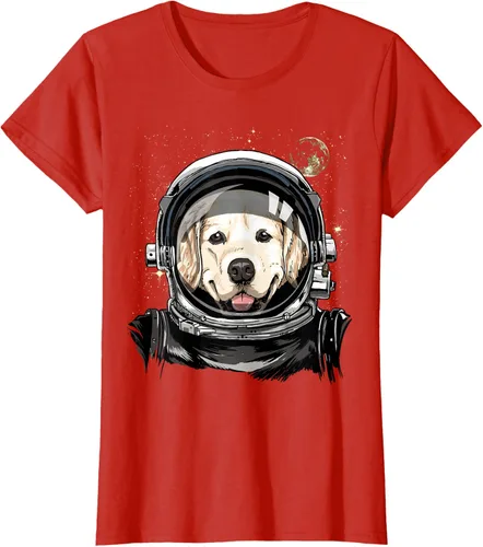 Vista 102 de Camiseta para amantes de los perros de los astronautas del espacio exterior Golden Retriever Lover, Negro