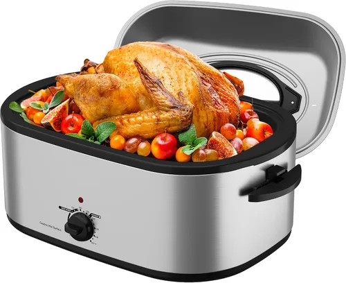 Vista 33 de Sunvivi Horno asador eléctrico con tapa visible, horno asador de pavo de 24 cuartos de galón con sartén y estante extraíbles, acero inoxidable