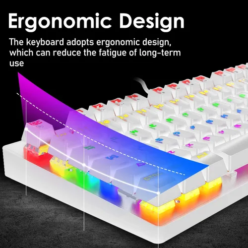 Vista 2 de Teclado mecánico para juegos, interruptor azul, mini 82 teclas, teclado retroiluminado LED arco iris, mouse ligero para juegos de 6400 DPI óptica