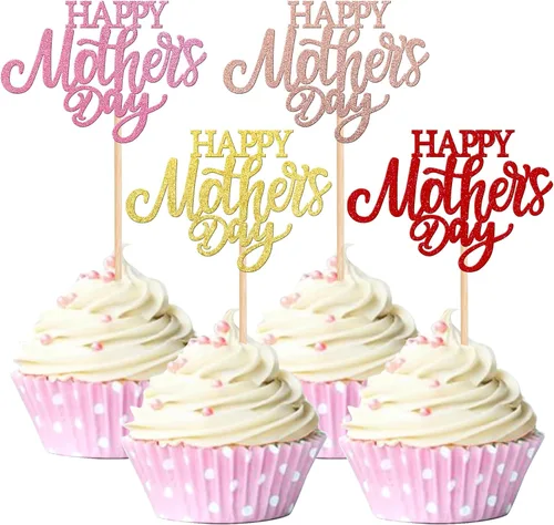 Vista 25 de Rsstarxi 1 paquete de decoración para pastel con flores de purpurina con doble corazón Love Mom Best Mom Best Mom Cake Pick Decoraciones para feliz