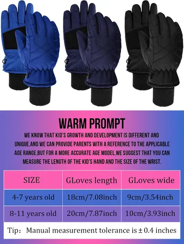 Vista 3 de Hicarer 3 pares de guantes de nieve impermeables para niños y niñas, guantes de esquí resistentes al viento para clima frío