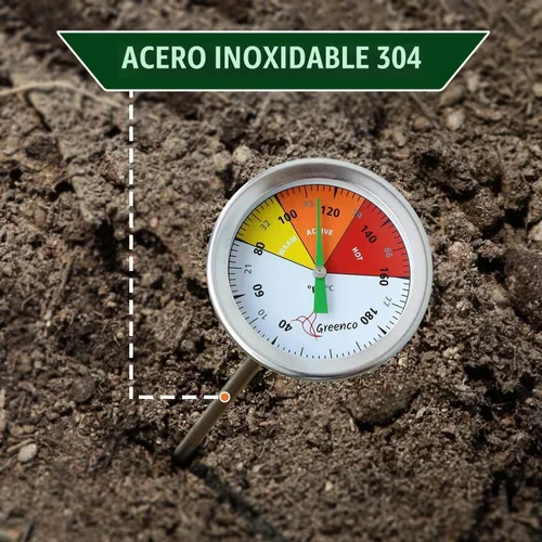 Vista 3 de Termómetro de suelo de compostaje de Greenco, acero inoxidable, esfera de temperatura Celsius y Fahrenheit, vástago de 20 pulgadas