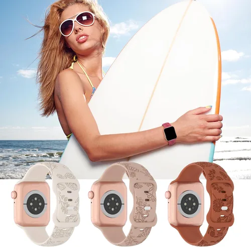 Vista 4 de Paquete de 3 correas de silicona grabadas florales compatibles con Apple Watch Band de 1.496 pulgadas, 1.575 pulgadas, 1.614 pulgadas, 1.654