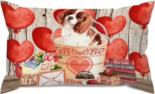 Vista 46 de Fundas de almohada lumbar con textura de madera rústica para perro en cubo, diseño de corazón rojo para el día de San Valentín, fundas de almohada