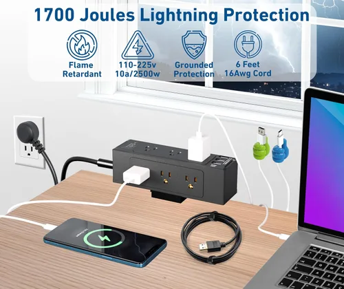 Vista 3 de Regleta de alimentación con abrazadera de escritorio con carga rápida USB-C, protector de sobretensiones de 9 tomas, regleta de alimentación que