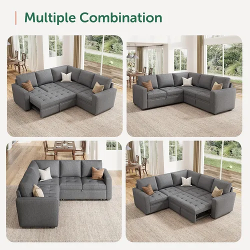 Vista 5 de HONBAY - Sofá seccional modular con cama desplegable, sofá convertible de lino en forma de L con asiento de almacenamiento, sofás seccionales