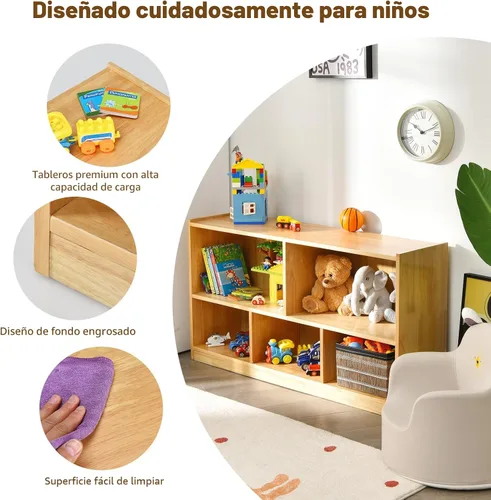 Vista 5 de Costzon Estantería de 2 estantes para niños, organizador de almacenamiento de juguetes de madera para libros y juguetes, estantería Montessori de 5