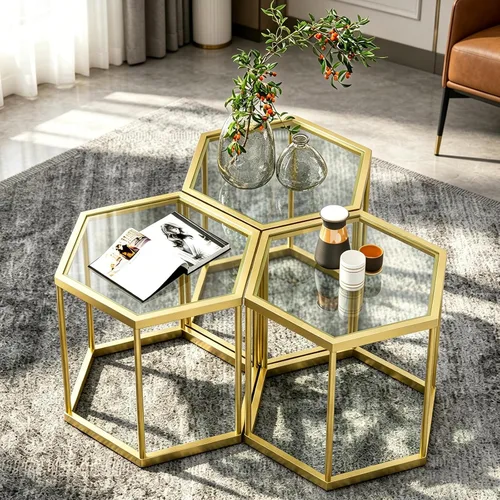 Vista 10 de Mesa de centro moderna de cristal, mesa de centro de cristal combinada, sin hexágonos, mesas auxiliares pequeñas con marco de metal para sala