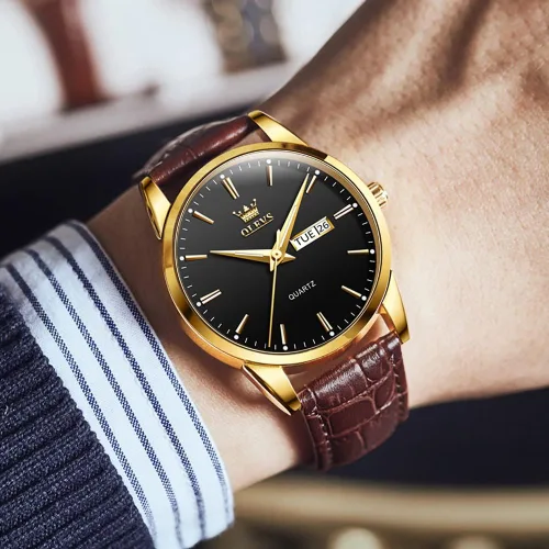 Vista 2 de OLEVS Relojes para hombres de cuero marrón caja dorada analógico cuarzo moda negocios vestido reloj día fecha luminoso impermeable casual masculino