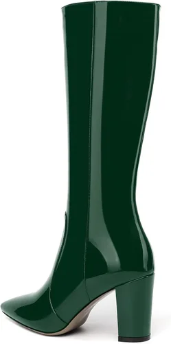 Vista 35 de AMBELIGHT Botas altas hasta la rodilla con cremallera y puntera puntiaguda para mujer, de patente sólida, tacón alto, 3.3 pulgadas