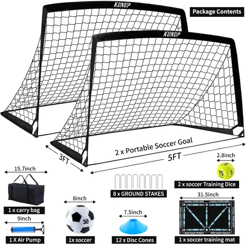 Vista 7 de 2 Set Kids Soccer Goals for Backyard with Training Equipment, Portable Foldable Practice Nets with Ball, Dice & Mat, Cones, Air Pump and Carry Bag