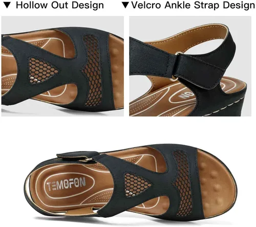 Vista 4 de TEMOFON Sandalias de cuña de verano para mujer, con correa de tobillo, plataforma de cuña para exteriores, cómodas sandalias de plataforma