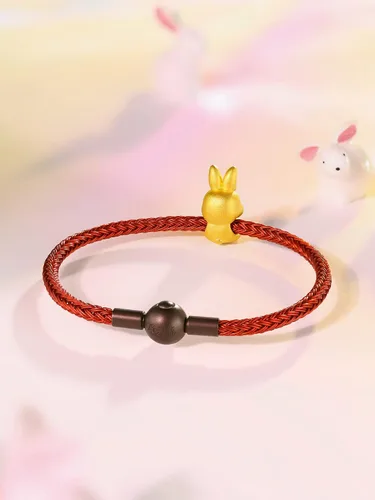 Vista 6 de ZHOU LIU FU Pulseras de oro real para mujer, pulsera de conejo de la suerte, joyería de oro de 24 quilates, pulsera roja, dije de oro sólido