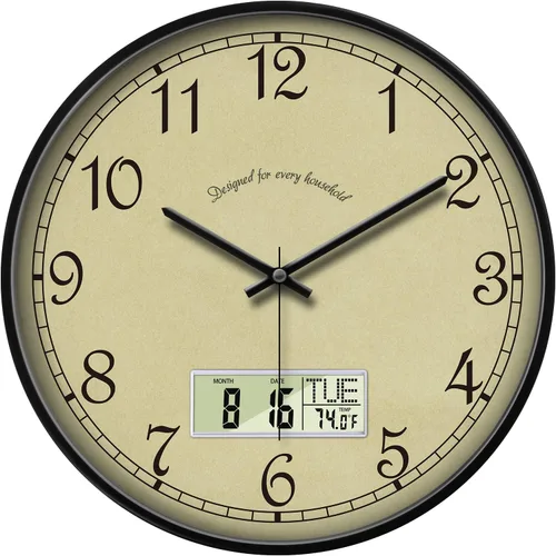 Vista 12 de Reloj de pared industrial SCOAGE con día, semana, temperatura en gris azulado, relojes digitales sin tictac de gran pantalla, relojes de pared