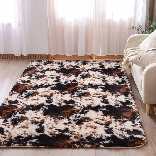 Vista 4 de Aimuan Alfombra de área con estampado de vaca, bonita alfombra de piel de vaca sintética, súper suave, alfombra de teñido anudado para sala