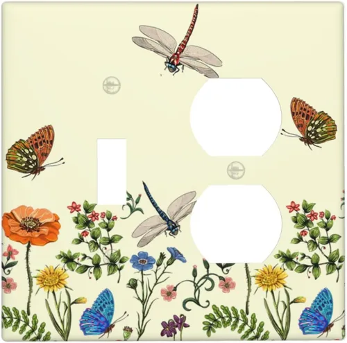 Vista 65 de Placa de Pared en Blanco de 1-Gang Sin Dispositivo Beige Lindo Vintage Boho de los 70s Hongo Fungus Planta Floral Botánica Libélula Interruptor