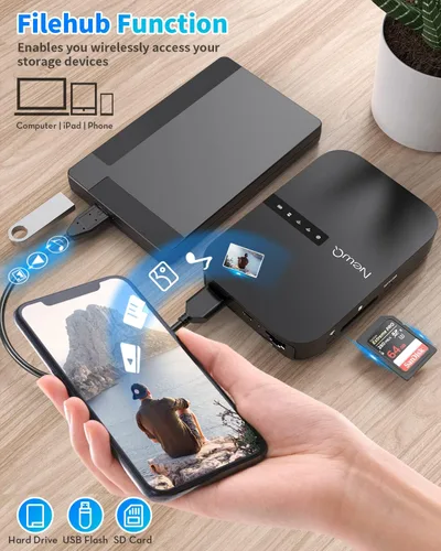 Vista 4 de NEWQ Filehub AC750 Router de viaje: lector de tarjetas SD de disco duro portátil y mini extensor de rango WiFi para viajes Disco duro externo