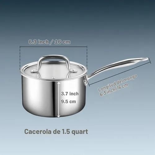 Vista 2 de Cook N Home Cacerola de acero inoxidable de 1.5 cuartos, tri-capa completamente revestida con tapa de vidrio, color plateado