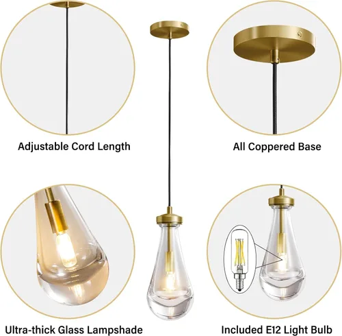 Vista 7 de Juego de 2 luces colgantes de gota de lluvia, lámparas colgantes para isla de cocina, lámpara de cristal sólido transparente con forma de gota
