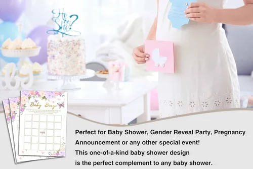Vista 4 de Juegos de baby shower para niñas, juego de bingo de mariposa púrpura para baby shower, decoraciones florales moradas para fiestas de revelación