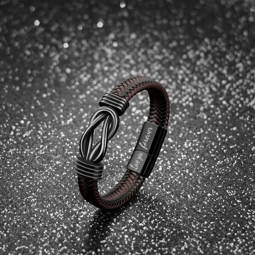 Vista 4 de Pulsera con símbolo de infinito para hombres, regalo para papá, marido, novio, hijo, nieto, marrón, cuero trenzado, acero inoxidable grabado