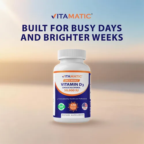 Vista 5 de Vitamatic Vitamina D3 50,000 UI (como colecalciferol), dosis semanal, 1250 mcg, 120 cápsulas vegetales, fórmula progresiva que ayuda a