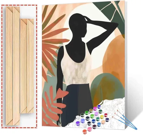 Vista 9 de Pintura de niña afro a la moda, kits de pintura por números, 16 x 20 pulgadas, lienzo de hojas tropicales, pintura al óleo para niños y adultos