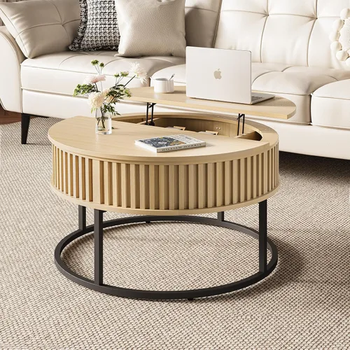 Vista 8 de Mesa de centro redonda con parte superior elevadora, mesas de centro de madera estriada para sala de estar, elevación para comedor, gran