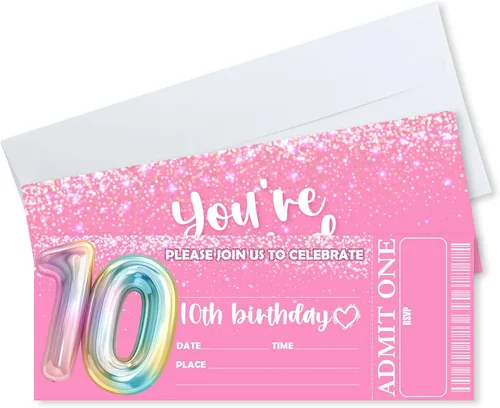 Vista 11 de Invitaciones de cumpleaños de 3 x 8 pulgadas – 20 tarjetas de invitación con purpurina rosa con 20 sobres – Boletos VIP estilo relleno de doble cara
