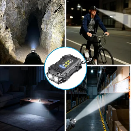 Vista 6 de Paquete de 2 llaveros EDC - Mini llavero de luz súper brillante con clip para sombrero, base magnética, luces de flash de bolsillo pequeñas