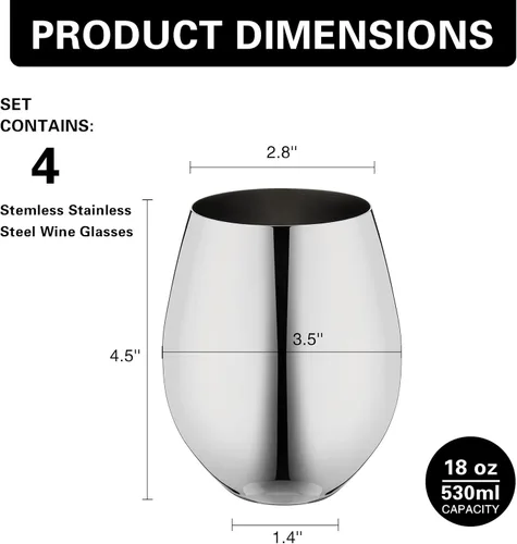 Vista 6 de WOTOR Copas de vino de acero inoxidable sin tallo, 18 onzas, plateadas Plateado