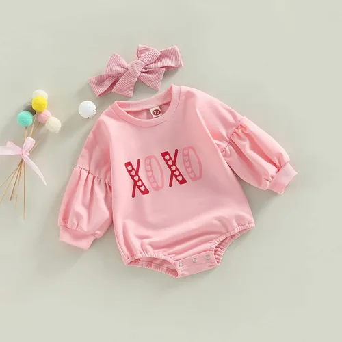 Vista 37 de SOLILOQUY Traje de manga larga con cuello redondo para el primer día de San Valentín para bebé niño y niña, mameluco de corazón de amor