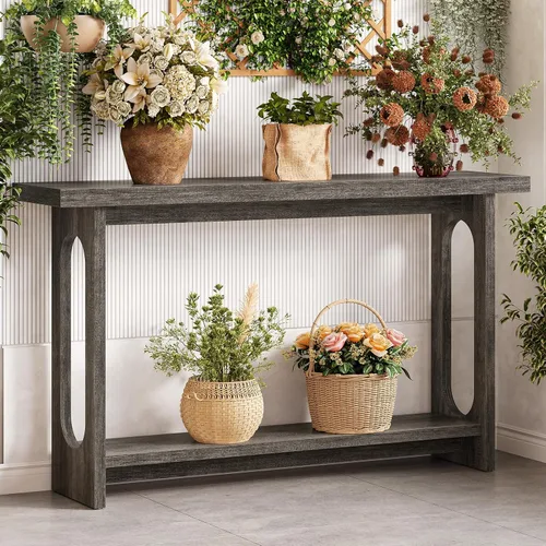 Vista 10 de Mesa consola negra, mesa de entrada de madera de 55 pulgadas, mesas estrechas para sofá, mesas de pasillo para sala de estar, entrada, vestíbulo