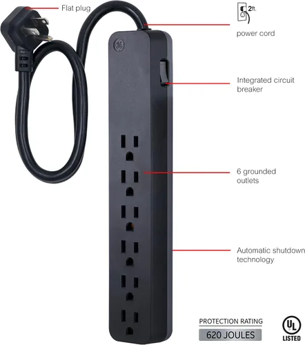 Vista 2 de GE Pro 45170 Protector SurGE de 6 tomas, cable de extensión de 2 pies de largo, enchufe plano, montaje en pared, color negro