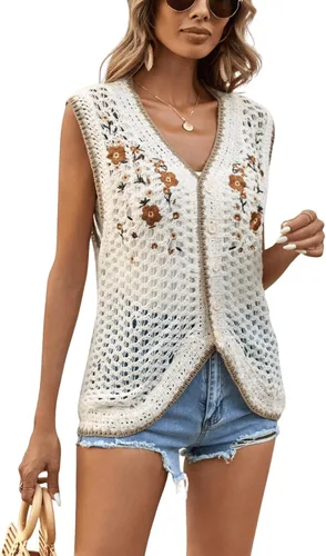 Vista 5 de Verdusa Cárdigan de punto sin mangas con cuello en V y bordado floral para mujer