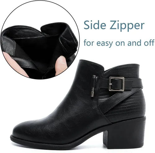 Vista 3 de Luoika Botines anchos para mujer, botas cortas negras y marrones con tacón bajo y cremallera lateral.