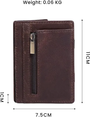Vista 4 de Hombres RFID bloqueo delgado minimalista magia cartera tarjeta caso con bolsillo moneda genuino caballo cuero titular de la tarjeta Café-k104
