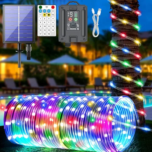 Vista 12 de Nuevas luces de cuerda solares mejoradas para exteriores, impermeables, 32m, 300 LED, luces de tira solares con control remoto, temporizador