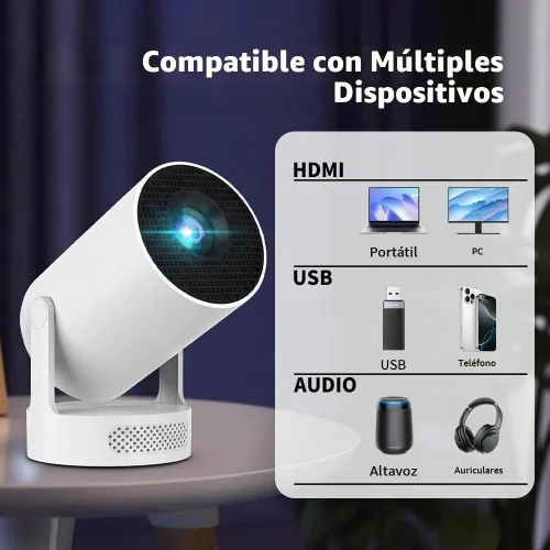 Vista 7 de Mini proyector con WiFi y Bluetooth, proyector portátil compatible con altavoz base de sonido de 5 W, 170 ANSI, Keystone vertical automático