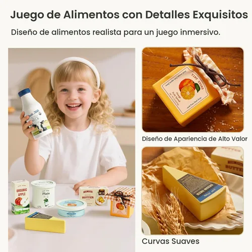 Vista 3 de Tiny Land Juego de lácteos y bebidas de madera, 7 piezas de juguete de comida de simulación con leche, jugo y queso, divertido accesorio de cocina