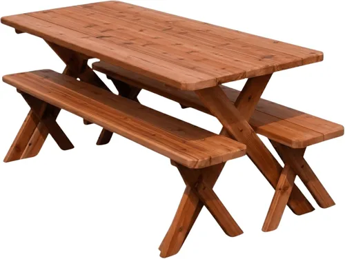 Vista 6 de 4’ Red Cedar Crossleg Table with 2 Benches, Cedar Stain