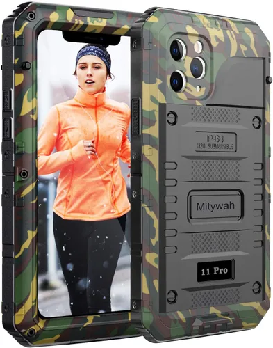 Vista 13 de Mitywah Funda impermeable para iPhone 11, resistente y duradera, de metal, protección de pantalla integrada, impermeable, a prueba de golpes, a Negro