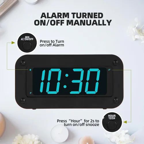 Vista 6 de Reloj digital con pilas, reloj despertador con pantalla LED para dormitorio, incluye cable de CC, brillo ajustable, repetición, 12/24 horas